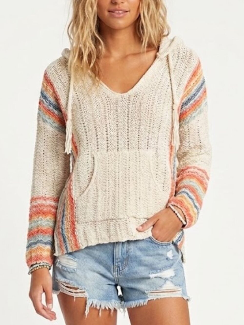 Rip Curl NWOT Cream Hoodie Sweater with Orange and Blue Stripes